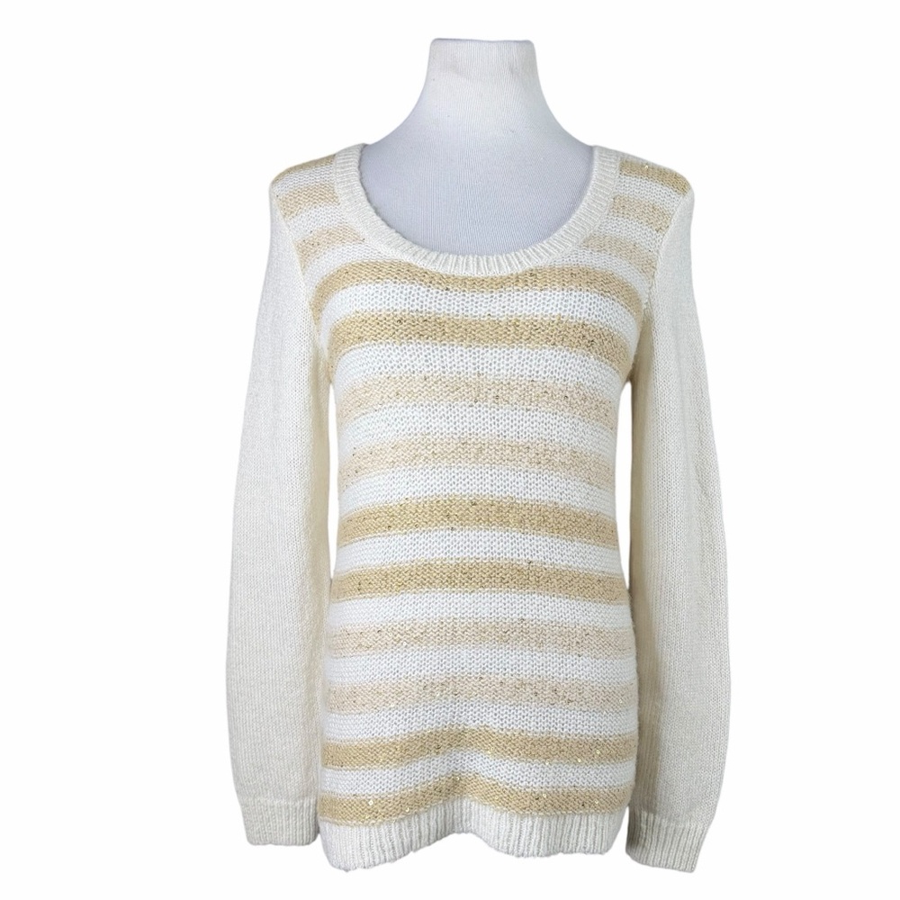 Tommy Hilfiger Cream & Gold Sequin Striped Scoop Neck Sweater - Size Medium
